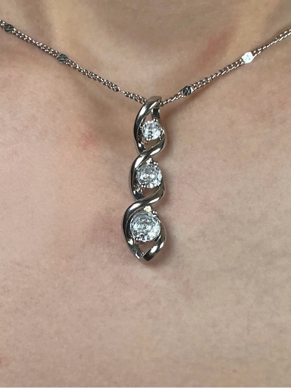 3 Stone Drop Necklace Silver CZ Vertical Pendant Dainty Sparkle Necklace Gift
